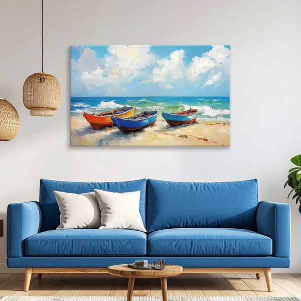 Serene Beach Boats Canvas Painting for Living Room, Bedroom & Office | Coastal Wall Art | Nautical Ocean View Home Décor