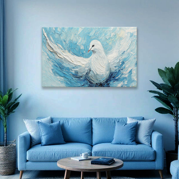 Graceful White Dove Canvas Painting for Living Room, Bedroom & Meditation Space | Abstract Blue Bird Wall Art | Peaceful Home Décor