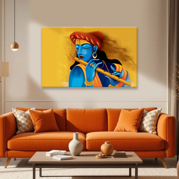 Lord Krishna Playing Flute Canvas Painting for Living Room, Bedroom & Temple Wall Décor | Divine Spiritual Wall Art