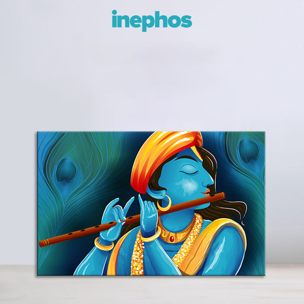 Lord Krishna Flute Canvas Painting for Living Room, Bedroom & Temple Wall Décor | Divine Blue Krishna Wall Art
