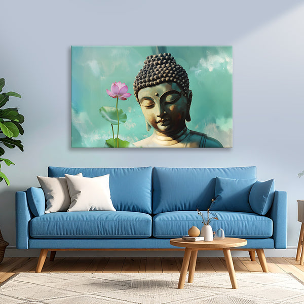 Lord Buddha with Lotus Canvas Painting for Living Room, Bedroom & Meditation Space | Spiritual Wall Art | Peaceful Buddha Artwork