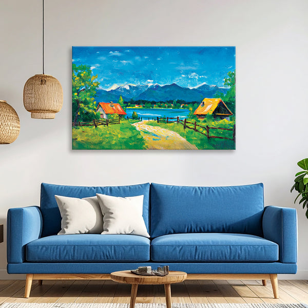 Countryside Landscape Canvas Painting for Living Room, Bedroom & Office Wall Décor | Serene Lake & Mountain View Artwork