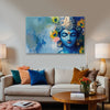 Lord Krishna Blue Abstract Canvas Painting for Living Room, Bedroom & Temple Wall Décor | Spiritual Wall Art with Peacock Feathers