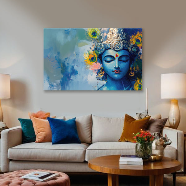 Lord Krishna Blue Abstract Canvas Painting for Living Room, Bedroom & Temple Wall Décor | Spiritual Wall Art with Peacock Feathers