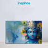 Lord Krishna Blue Abstract Canvas Painting for Living Room, Bedroom & Temple Wall Décor | Spiritual Wall Art with Peacock Feathers