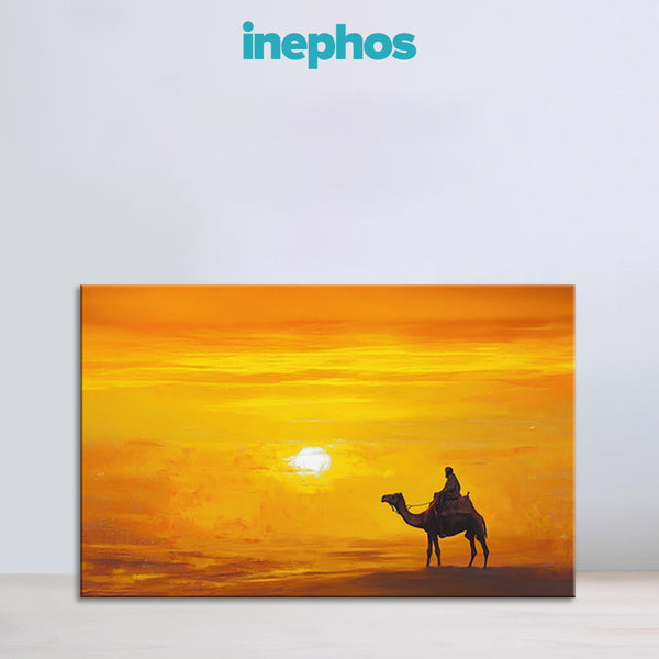 Desert Sunset Canvas Painting for Living Room, Bedroom & Office Wall Décor | Camel and Sun Artwork | Golden Horizon Nature Wall Art