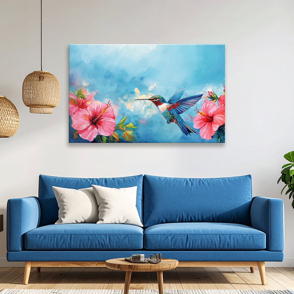 Hummingbird with Hibiscus Flowers Canvas Painting for Living Room, Bedroom & Office Wall Décor | Nature-Inspired Floral Bird Artwork