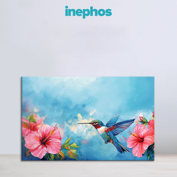 Hummingbird with Hibiscus Flowers Canvas Painting for Living Room, Bedroom & Office Wall Décor | Nature-Inspired Floral Bird Artwork