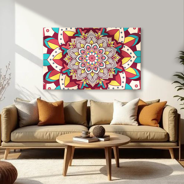 Golden Serenity Mandala Canvas Painting for Living Room, Bedroom & Meditation Wall Décor | Bohemian Spiritual Art