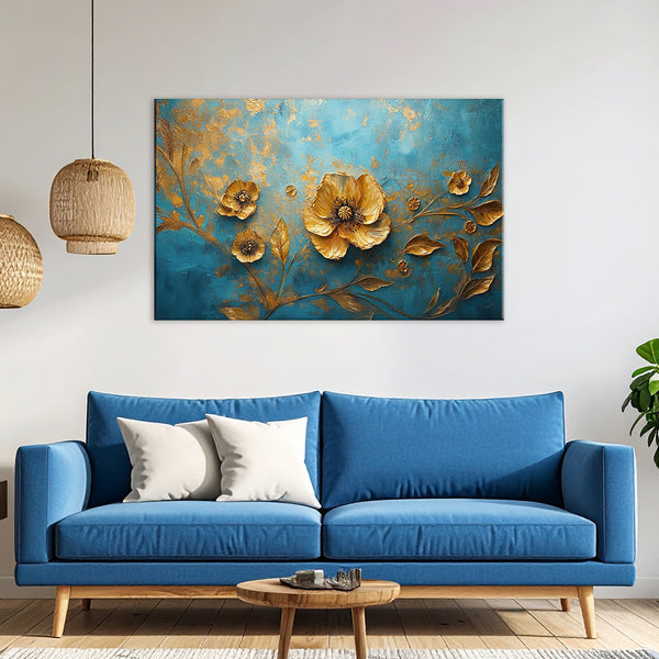 Golden Blossom Luxury Floral Canvas Painting for Living Room, Bedroom & Office Wall Décor | Elegant Blue and Gold 3D Textured