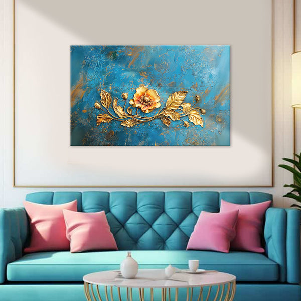 Luxury Golden Floral Canvas Wall Art for Living Room & Bedroom | Elegant 3D Embossed Flower Painting on Blue Background