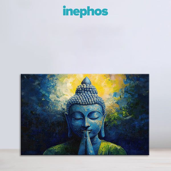 Blue Buddha Meditation Canvas Painting for Home, Office & Yoga Studio | Spiritual Peaceful Wall Art for Living Room, Meditation Room & Bedroom