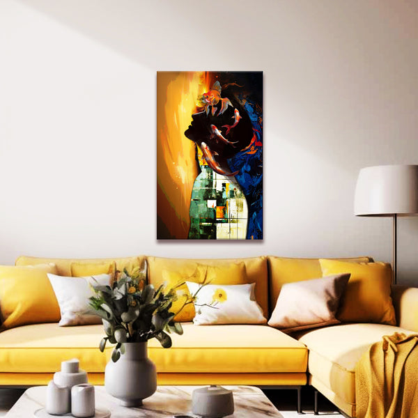 Abstract Koi Fish Canvas Painting for Home | Modern Zen Wall Art of Woman Silhouette & Golden Koi Fish | Feng Shui Good Luck Fish Painting