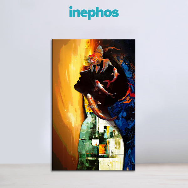 Abstract Koi Fish Canvas Painting for Home | Modern Zen Wall Art of Woman Silhouette & Golden Koi Fish | Feng Shui Good Luck Fish Painting