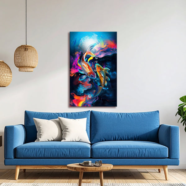 Vibrant Koi Fish Canvas Painting for Home | Feng Shui Good Luck & Prosperity Wall Art | Colorful Abstract Underwater Koi Artwork