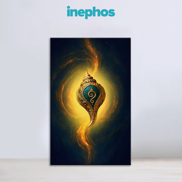 Golden Shankh Spiritual Canvas Painting for Home | Sacred Conch Wall Art for Living Room, Puja Room & Meditation Space