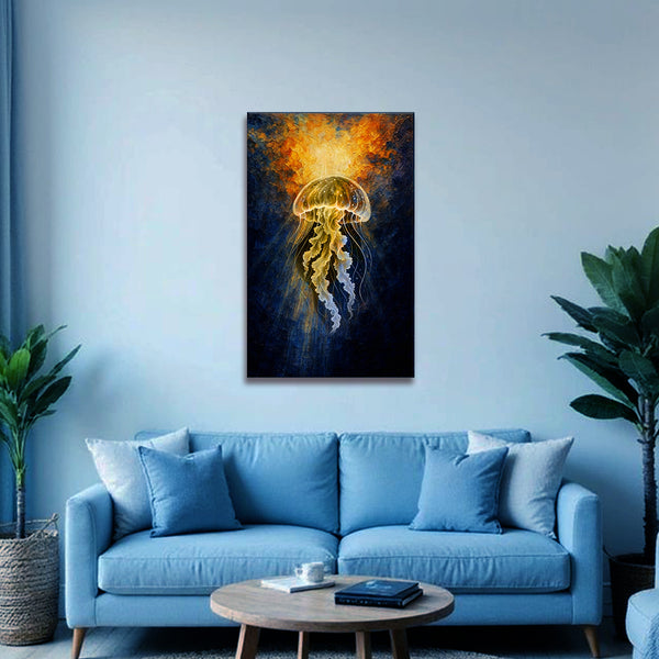 Stunning Glowing Jellyfish Canvas Painting for Living Room, Bedroom & Office Décor | Deep Sea Marine Wall Art with Abstract Light Effects