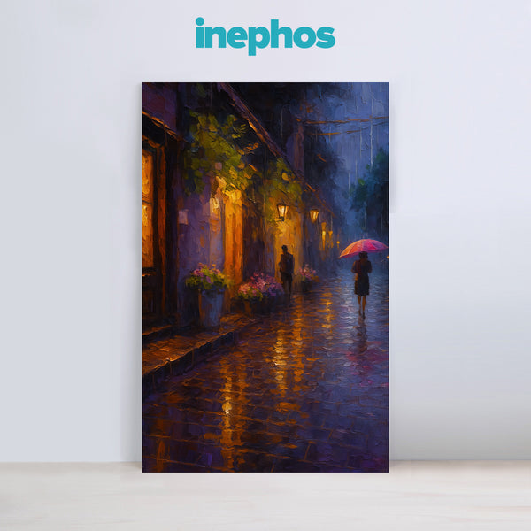 Evening Rain Walk | Romantic Lane Canvas Painting with Umbrella