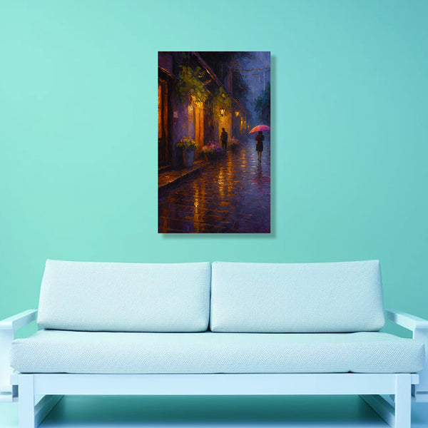 Evening Rain Walk | Romantic Lane Canvas Painting with Umbrella