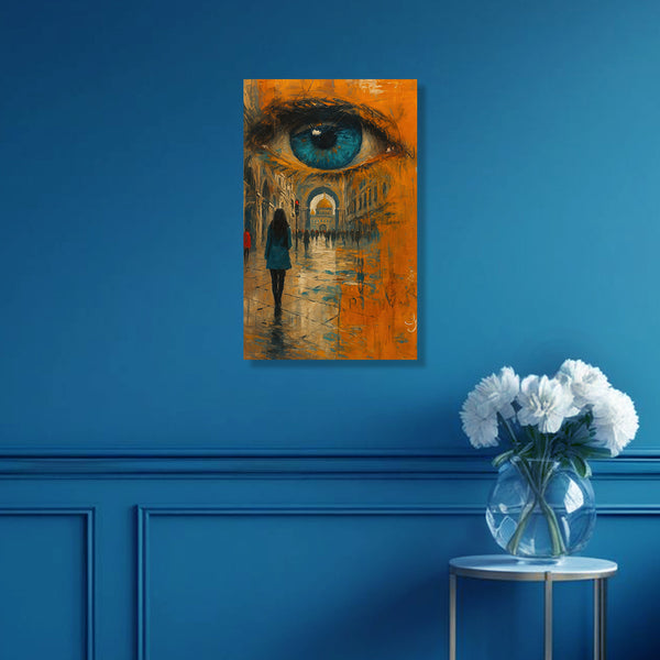 Watchful Eye | Surreal Cityscape Canvas Painting with Blue Eye