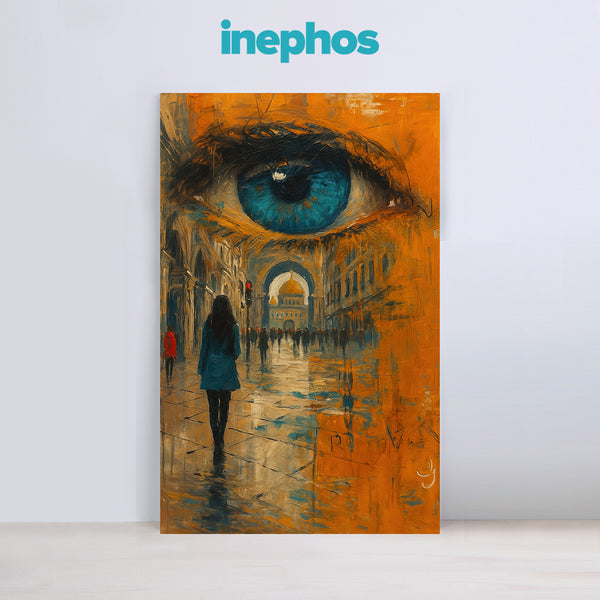 Watchful Eye | Surreal Cityscape Canvas Painting with Blue Eye