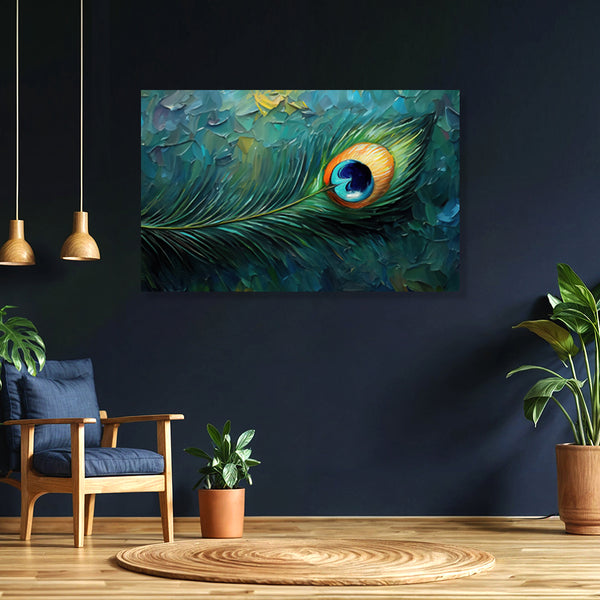 Peacock Feather Vastu Painting | Spiritual Krishna Feather Blue Green Canvas | Peaceful Relaxation & Meditation Positive Energy Wall Art For Living Room & Meditation Decor