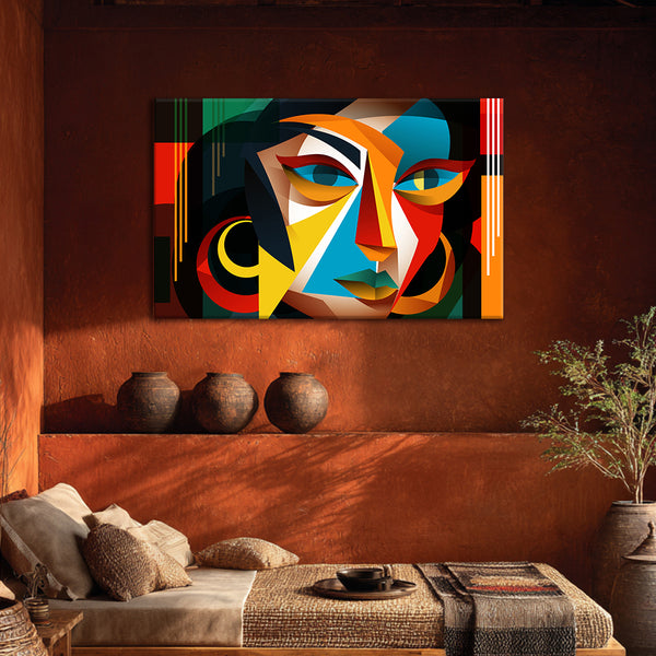 Cubist Woman Face Art | Modern Abstract Canvas Painting with Bold Shapes and Colors | Living Room Wall Decor