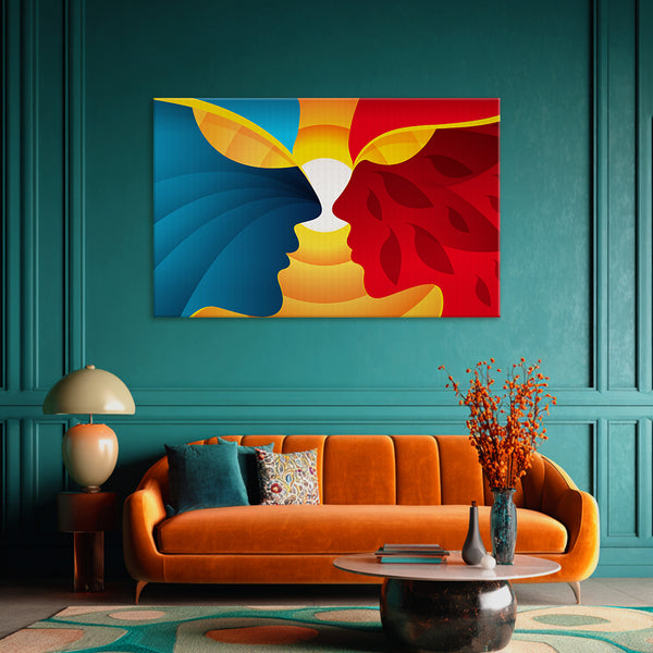 Dual Silhouette Love Art | Blue and Red Abstract Canvas Painting of Faces and Leaves | Romantic Wall Decor
