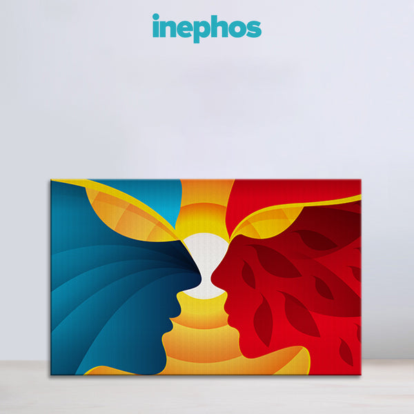 Dual Silhouette Love Art | Blue and Red Abstract Canvas Painting of Faces and Leaves | Romantic Wall Decor