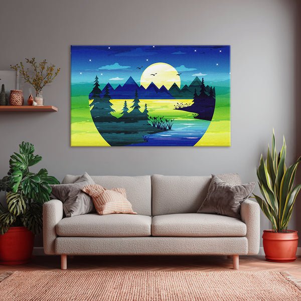 Moonlight Forest Landscape | Nature Inspired Canvas Wall Art with Trees, Mountains, and Lake | Home & Office Decor