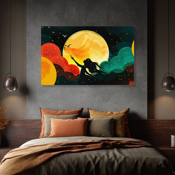 Moon Silhouette Girl Painting | Fantasy Fairy Canvas | Modern Abstract Vibrant Colorful Wall Art For Bedroom & Creative Spaces