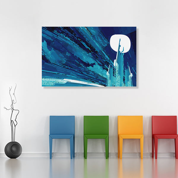 Frozen Dream Painting | Blue Night Icy Castle Dreamy Canvas | Mystical Fantasy Tower Wall Art With Moonlight For Bedroom Walls