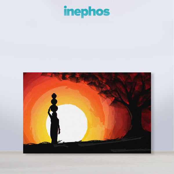 Tribal Sunset Painting | Traditional African Lady Silhouette Canvas | Modern Abstract Red & Black Wall Art For Ethnic Wall Décor
