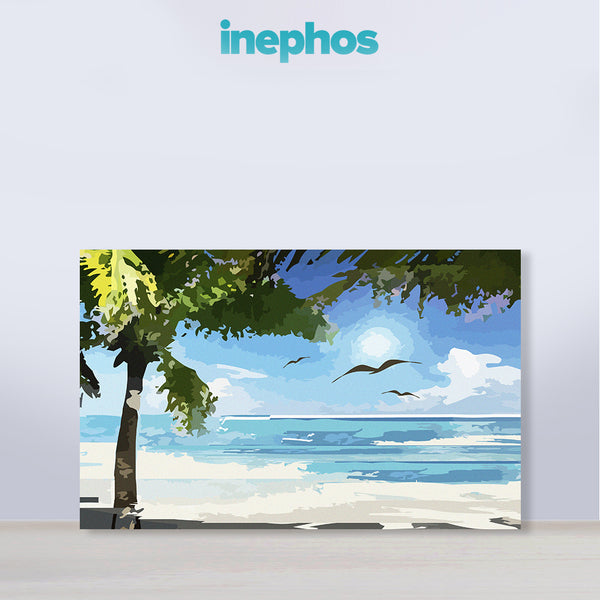 Tropical Beach Painting | Serene Palm Tree & Ocean Canvas | Calm Peaceful Island Wall Art For Living Room And Lounge Walls