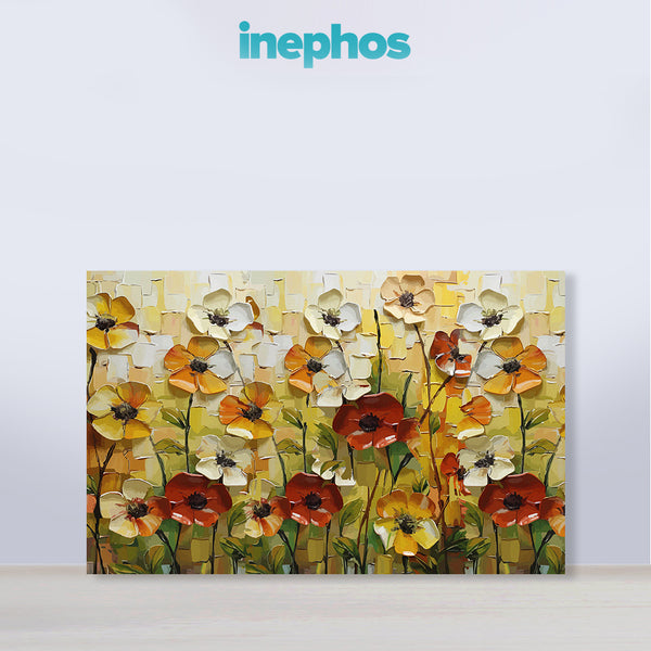 Spring Bloom Painting | Vibrant Floral Canvas | Nature Wall Art With Yellow, Orange & Red Flowers