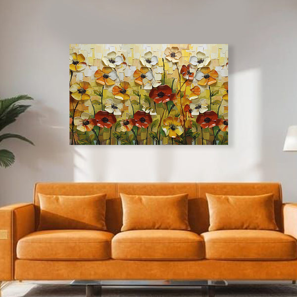 Spring Bloom Painting | Vibrant Floral Canvas | Nature Wall Art With Yellow, Orange & Red Flowers