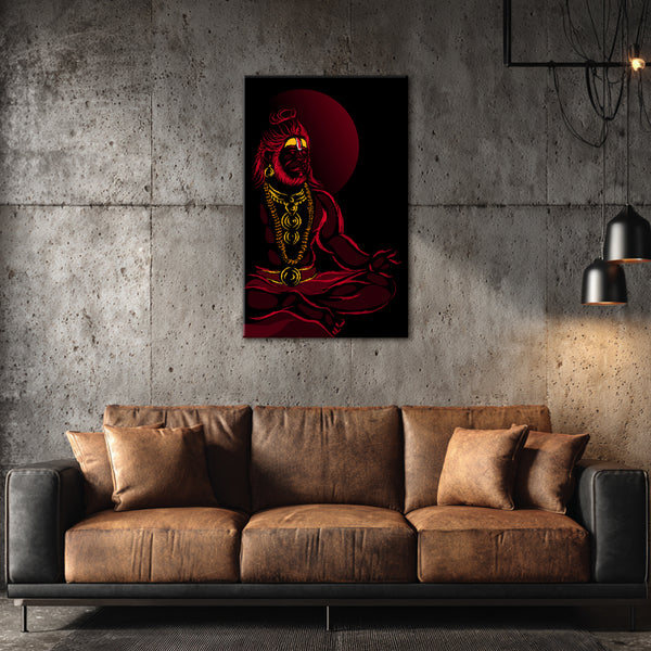 Powerful Hanuman Ji In Meditation Painting | Bold Red And Black Canvas | Religious Spiritual Divine God Wall Art For Home Temple, Living Room & Spiritual Gift Décor