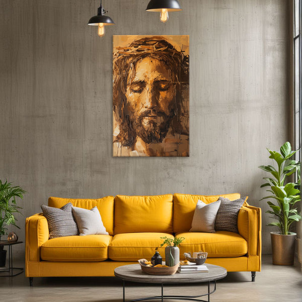 Jesus Christ Face Painting | Peaceful Spiritual Religious Canvas | Calm Portrait In Earthy Tones For Christian Home Décor, Prayer Room & Religious Gift Ideas