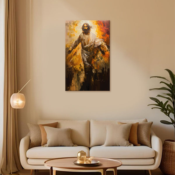 Jesus Christ Resurrection Painting | Diving God In Golden Hues Canvas | Bright And Uplifting Vastu Wall Art For Easter, Christian Home Décor & Faith-Based Inspiration
