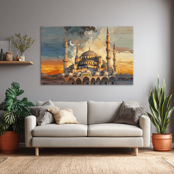 Majestic Mosque Painting | Grand Muslim Prayer Room Canvas | Beautiful Islamic Architecture Wall Art For Ramadan, Eid & Everyday Home Décor