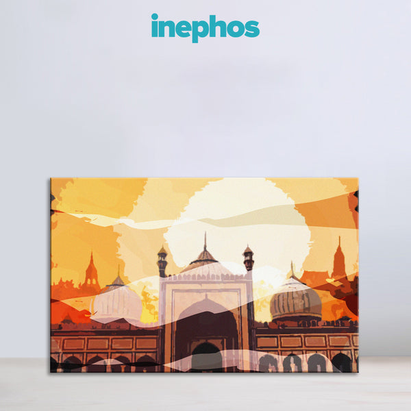 Golden Mosque Painting | Muslim Prayer Room Canvas With Spiritual Ambiance | Warm Sunset Islamic Wall Art For Ramadan, Eid, And Home Décor