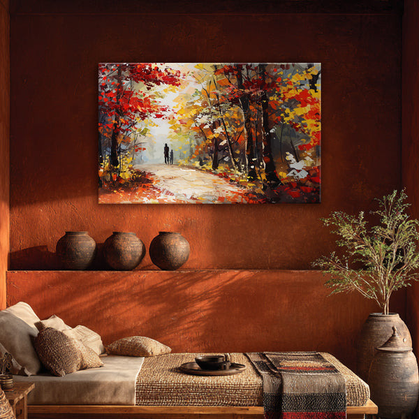 Romantic Forest Walk Painting | Couple In Autumn Woods Canvas | Love Wall Art & Home Décor