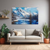 Blue Mountain River Painting | Winter Lake Landscape Canvas | Snowy Wall Art For Bedroom & Office Décor