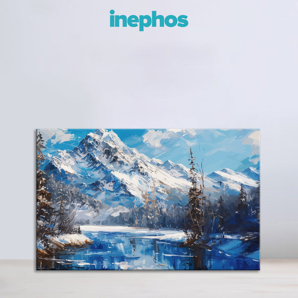 Blue Mountain River Painting | Winter Lake Landscape Canvas | Snowy Wall Art For Bedroom & Office Décor