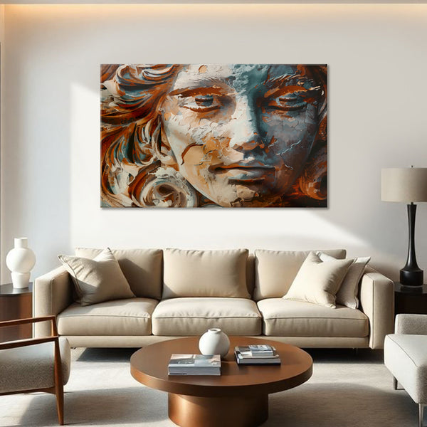 Textured Stone Goddess Face Painting | Fantasy Mythological Canvas | Wall Art Inspired By Ancient Sculptures For Modern Walls