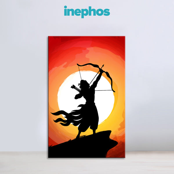 Lord Ram With Bow Painting | Spiritual Canvas With Sunset Background | Divine Indian Mythology Wall Décor For Puja Room, Living Room & Gifting Hindu God Wall Art