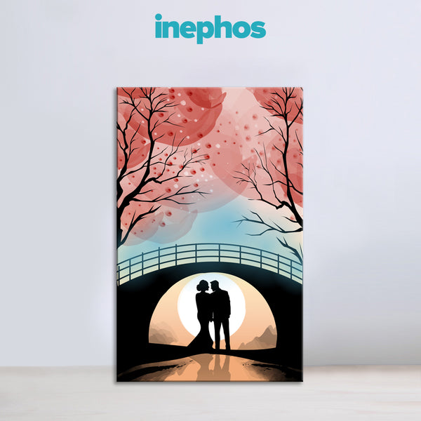 Romantic Couple Under Bridge Painting | Sunset Love Scene Canvas For Bedroom & Gift Décor | Premium Quality Framed Wall Art For Bedroom, Living Room
