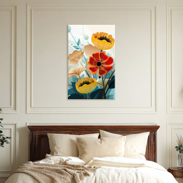 Floral Elegance Painting | Abstract Yellow And Red Flower Canvas For Living Room & Hallway Decor | Premium Quality Framed Wall Art For Bedroom, Living Room