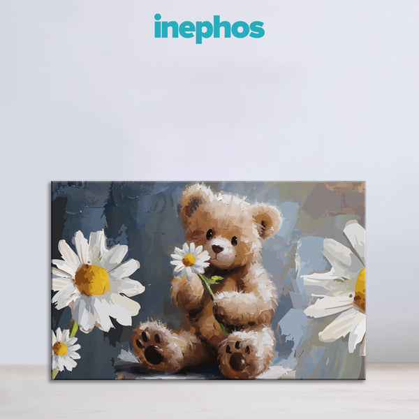 Teddy Bear With Daisy Flowers Painting | Cute Canvas For Nursery & Kids Room Wall Décor | Premium Quality Framed Wall Art For Bedroom, Living Room