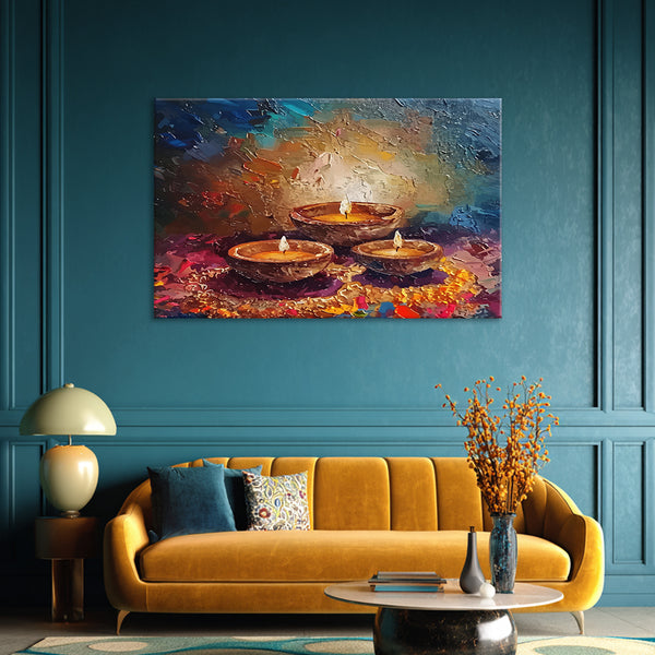 Diya Glow Harmony | Festive Diya Canvas Painting for Home Wall Decoration